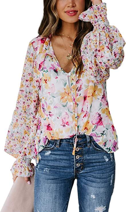 Shewin Women S Casual Boho Floral Print V Neck Long Sleeve Drawstring