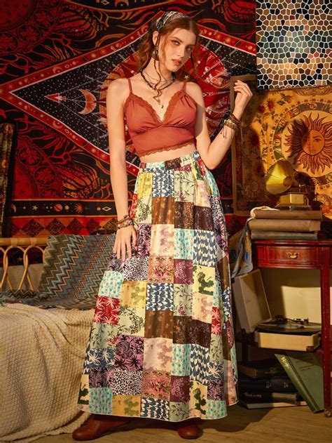 ROMWE Hippie Falda De Talle Alto Con Estampado De Retazo Moda De