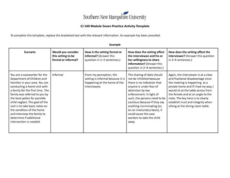 SOLUTION SNHU CJ 140 Module Seven Practice Activity Scenarios Table