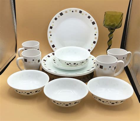 Corelle Vitrelle Geometric Brown Square 16 Piece Dinnerware Service For 4retro Corning Tempered