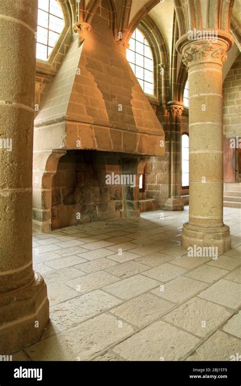 Mont Saint-Michel, France - October 13 2012: Stone chimney inside the ...