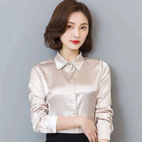 Tingyili Spring Autumn Satin Blouse Women Champagne Blue Red Black