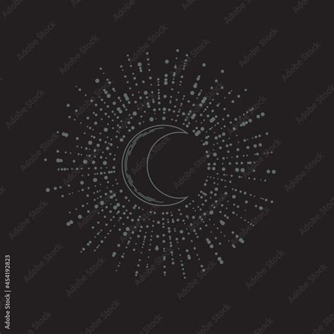 Vector Dark Boho Moon With Radial Beams On A Black Background Sketch