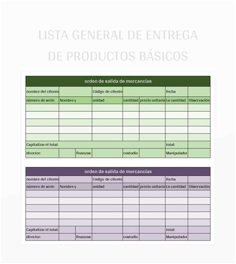 Plantilla De Excel Lista General De Entrega De Productos B Sicos Y Hoja