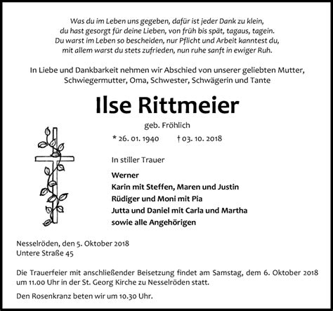 Traueranzeigen Von Ilse Rittmeier Trauer Anzeigen De