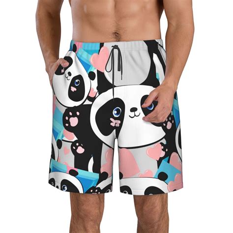 Lukts Panda Cute Pink Hearts Mens Swim Trunks Quick Dry Swim Shorts