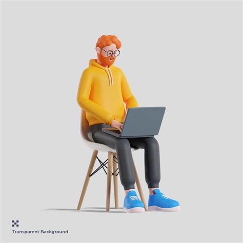 Premium Psd 3d Male Character Working On Laptop While Sitting In Chair