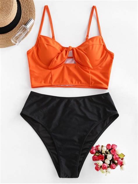 [36 Off] 2021 Zaful Two Tone Knot Underwire High Cut Tankini Swimsuit