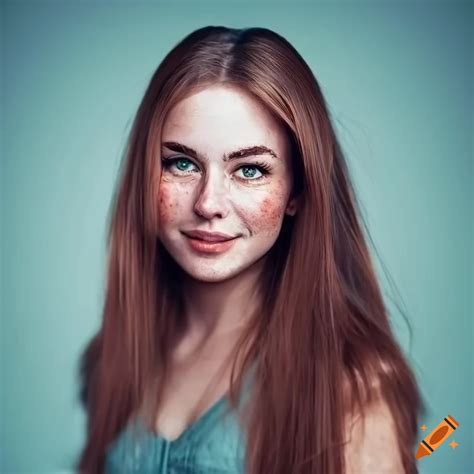 Portrait Of A Smiling Young Woman With Freckles And Brown Hair