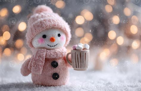 Snowman Holding Hot Chocolate With Marshmallows In Snow Stock