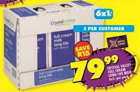 CRYSTAL VALLEY FULL CREAM LONG LIFE MILK 6x1L Per Pack Offer At Shoprite