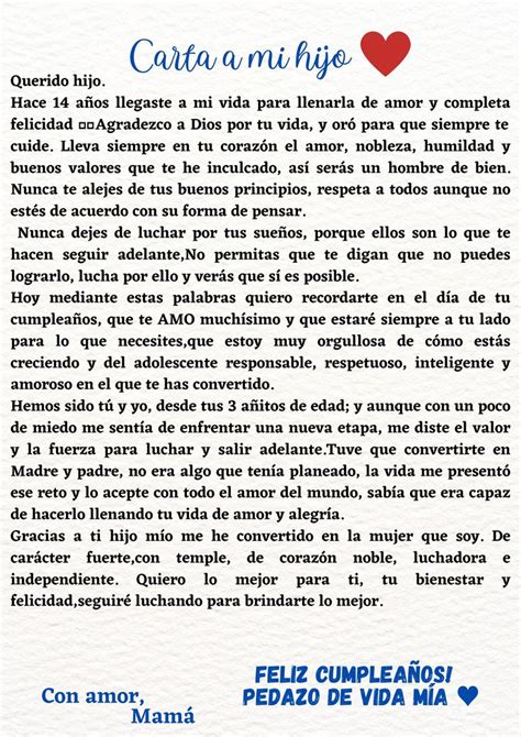 Carta a mi hijo en el día de su cumpleaños Carta a mi hija Palabras