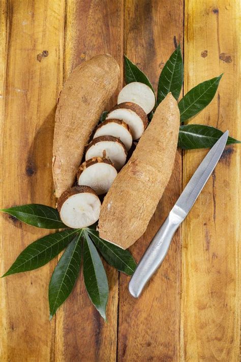 Cassava Pile Yucca On A Background Of Rustic Wood Manihot Esculenta