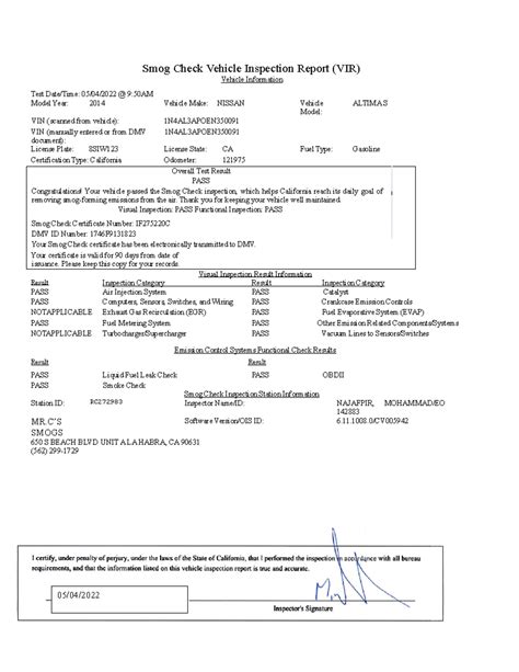 2019 0504 Aaa Smog Check Passed Smog Check Vehicle Inspection Report Vir Vehicle Information