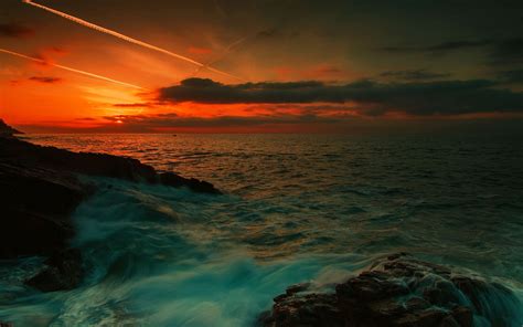 Fondos De Pantalla Puesta De Sol Mar Azul Corriente De Agua Nubes