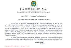 Ebserh extrato de edital publicado São ofertadas 695 vagas