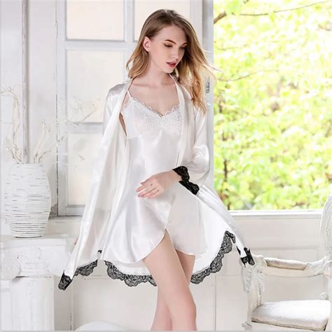 Summer Sexy Lace Patchwork 2 Piece Robe Suit Women Imitated Silk Robe