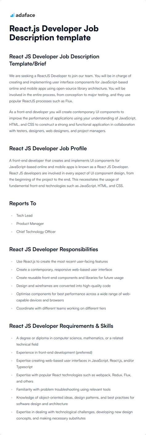 Reactjs Developer Job Description Template Adaface