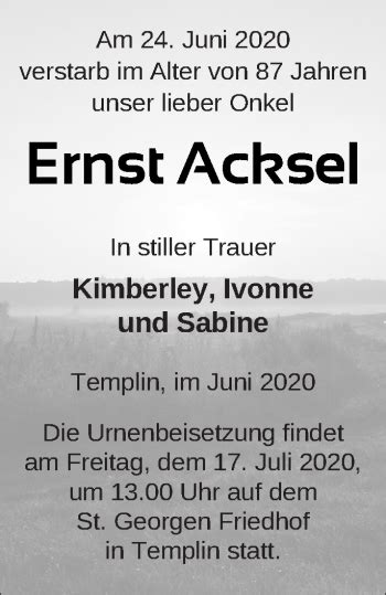 Traueranzeigen Von Ernst Acksel Trauer Nordkurier