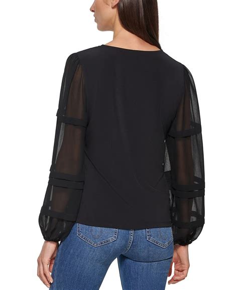 Calvin Klein V Neck Sheer Sleeve Blouse And Reviews Tops Women Macys