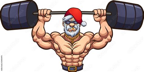 Strong Santa Claus Lifting Weights Vector Clip Art Illustration