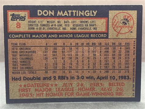 1984 Topps DON MATTINGLY Rookie Card RC No 8 NM MT New York Yankees