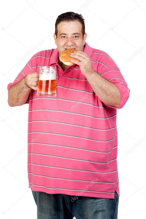 Fat Man Drinking A Jar Of Beer And Eating Hamburger — Stock Photo