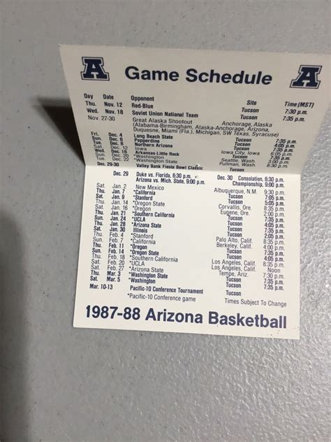 University Of Arizona Basketball 19871988 Pocket schedule card : Free ...