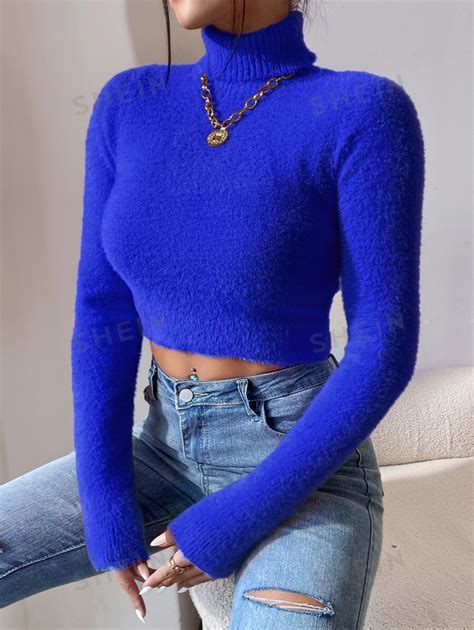 Shein Essnce Turtleneck Crop Fuzzy Sweater Shein Usa