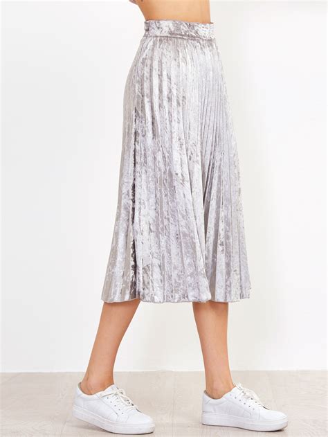 Silver Pleated Velvet Skirt Sheinsheinside