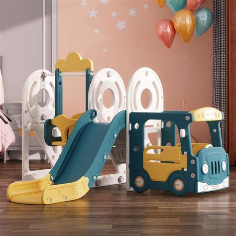 Fukea Kids Bus Slide Large Swing And Slide Set With Climbing Frame