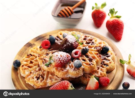 Waffle Traditional Belgian Waffles With Fresh Fruit And Powder Stock