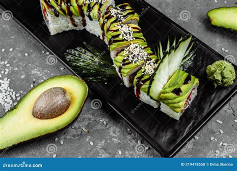 Green Dragon Sushi Roll With Eel Avocado Cucumber And Ginger