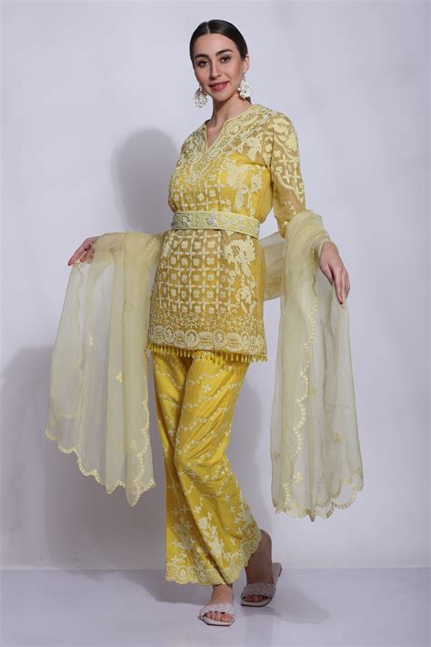 Buy Yellow Silk Embroidered Mughal Jaal Dori V Neck Kurta Pant Set For