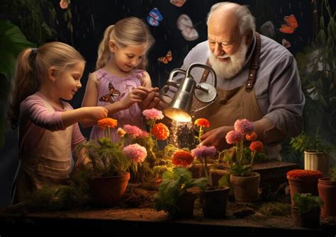 Premium Ai Image Grandparents Teaching Their Grandchildren To Garden