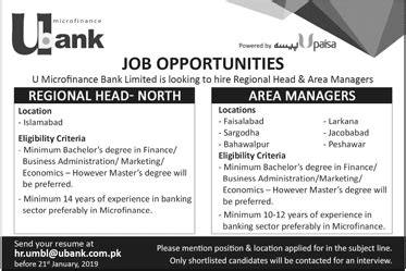 U Microfinance Bank Limited Jobs 2019 Area Managers Regional Head