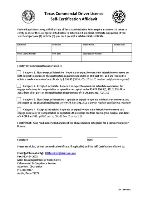 Texas Cdl Self Certification Affidavit Cdl 7 Government Information Government