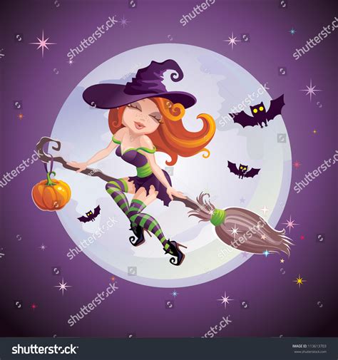 Cartoon Young Funny Sexy Cute Halloween Witch Girl In Violet Hat And