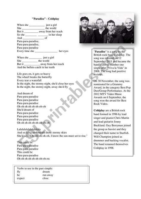 Coldplay Paradise Past Simple ESL Worksheet By Nneighbour