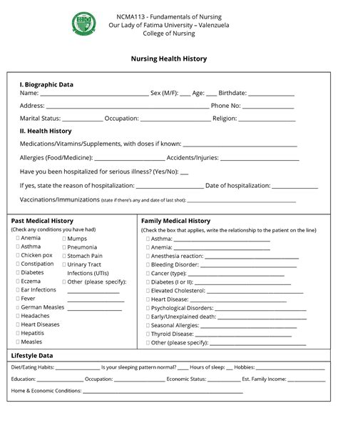 Nursing Health History Ncma113 Fundamentals Of Nursing Our Lady Of