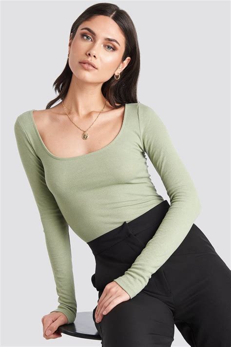 Deep Round Neck Ribbed Top Green Na Kd Hipster Outfits Fashion