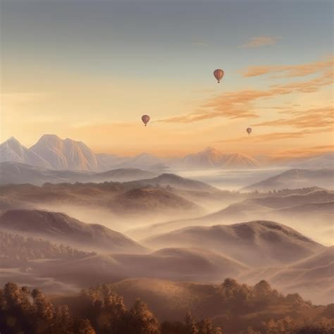 Premium Ai Image Landscape Of Morning Fog And Mountains With Hot Air