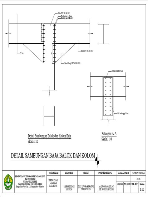 Detail Sambungan Balok Dan Kolom Baja Skala110 Potongan A A Skala110