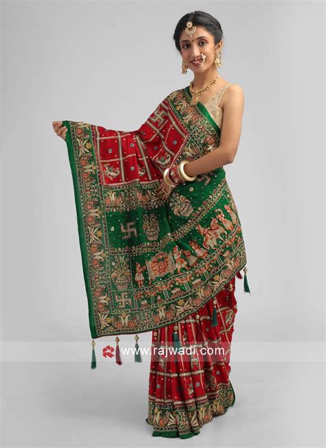 Gujarati Wedding Saree Gharchola In Maroon And Green