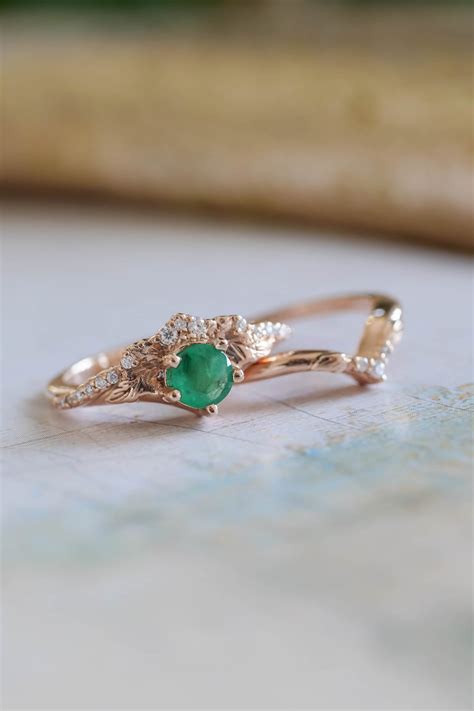 Natural emerald engagement ring set, nature inspired gold rings ...