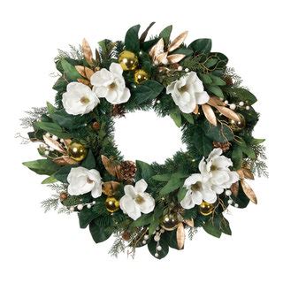 Lighted Christmas Wreath White Gold Magnolia Traditional