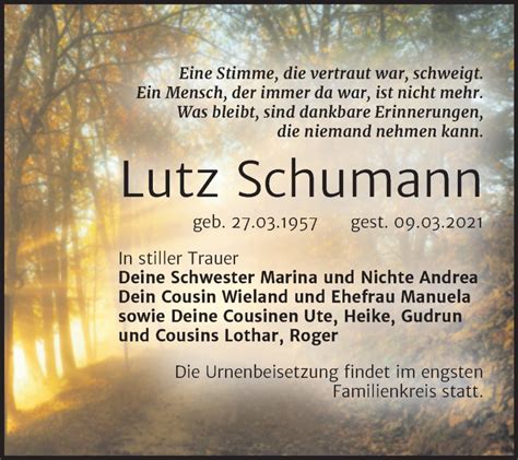 Traueranzeigen Von Lutz Schumann Abschied Nehmen De