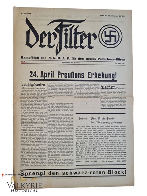 At Auction Nazi Newspaper Der Filter Struggle Sheet Of The Nsdap For