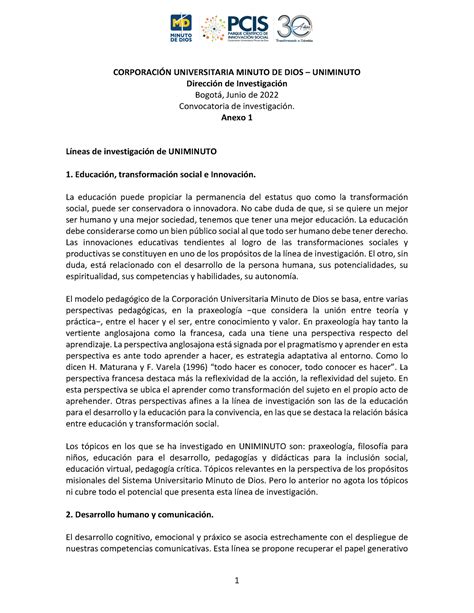 Anexo 1 Líneas de investigación CORPORACIÓN UNIVERSITARIA MINUTO DE