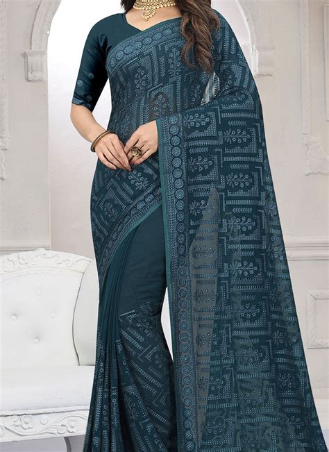 Shop Teal Blue Faux Georgette Embroidered Saree Party Wear Online At